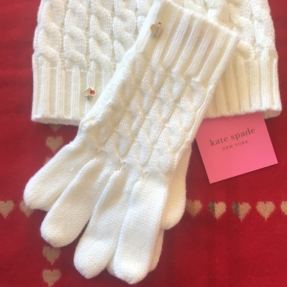 Brand New Kate Spade Cable Beanie Hat & Gloves Set Cream main image 5